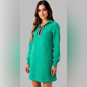 Sea Green Textured Long Sleeve 3/4 Zipper Dreess